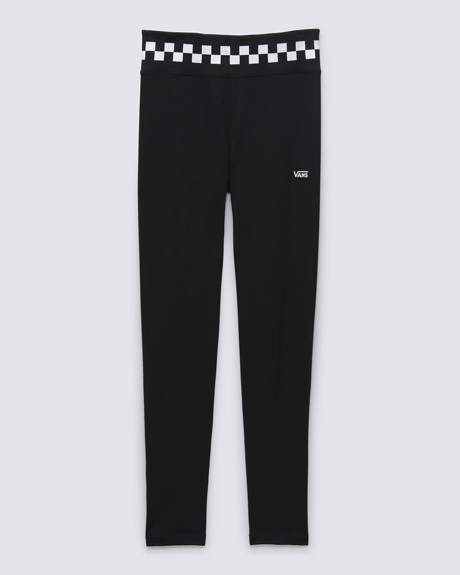black vans leggings with white and black checkerboard waistband and vans logo on the leg
