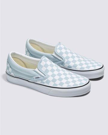 light blue and white checkerboard vans classic slip ons