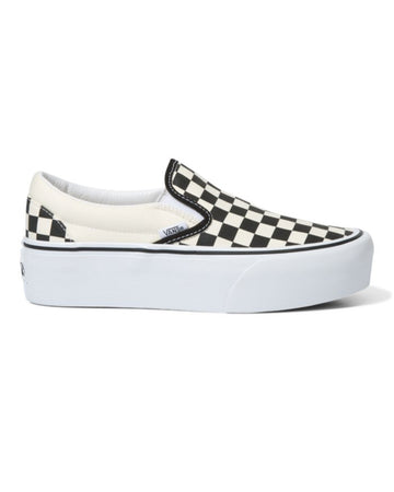 side view of vans slip ons with stacked sole and classic black and white checkerboard