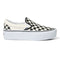 side view of vans slip ons with stacked sole and classic black and white checkerboard