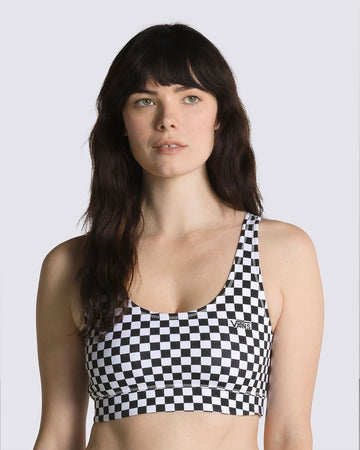 model wearing black and white checkerboard bra