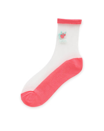 sheer sock with pink accents and embroidered logo and strawberry graphic