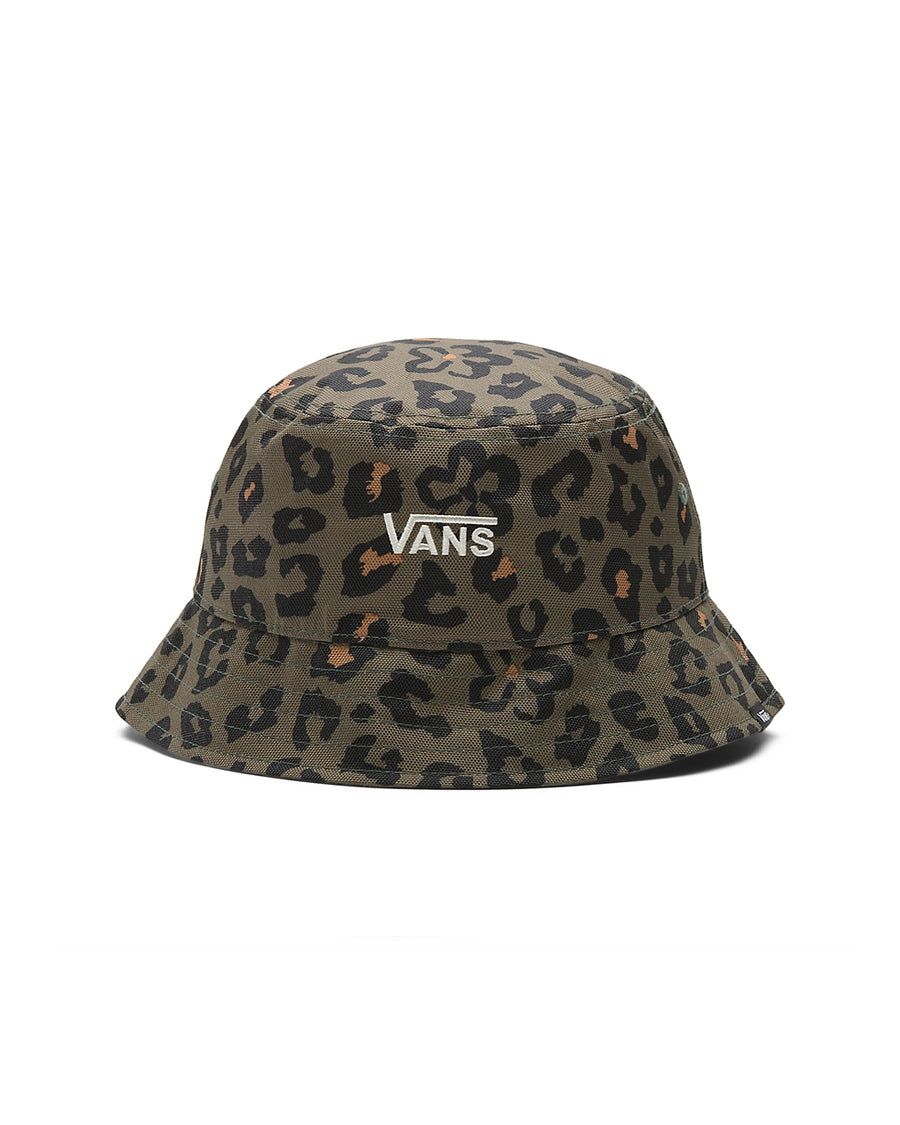 green vans bucket hat with white embroidered vans logo and brown leopard print