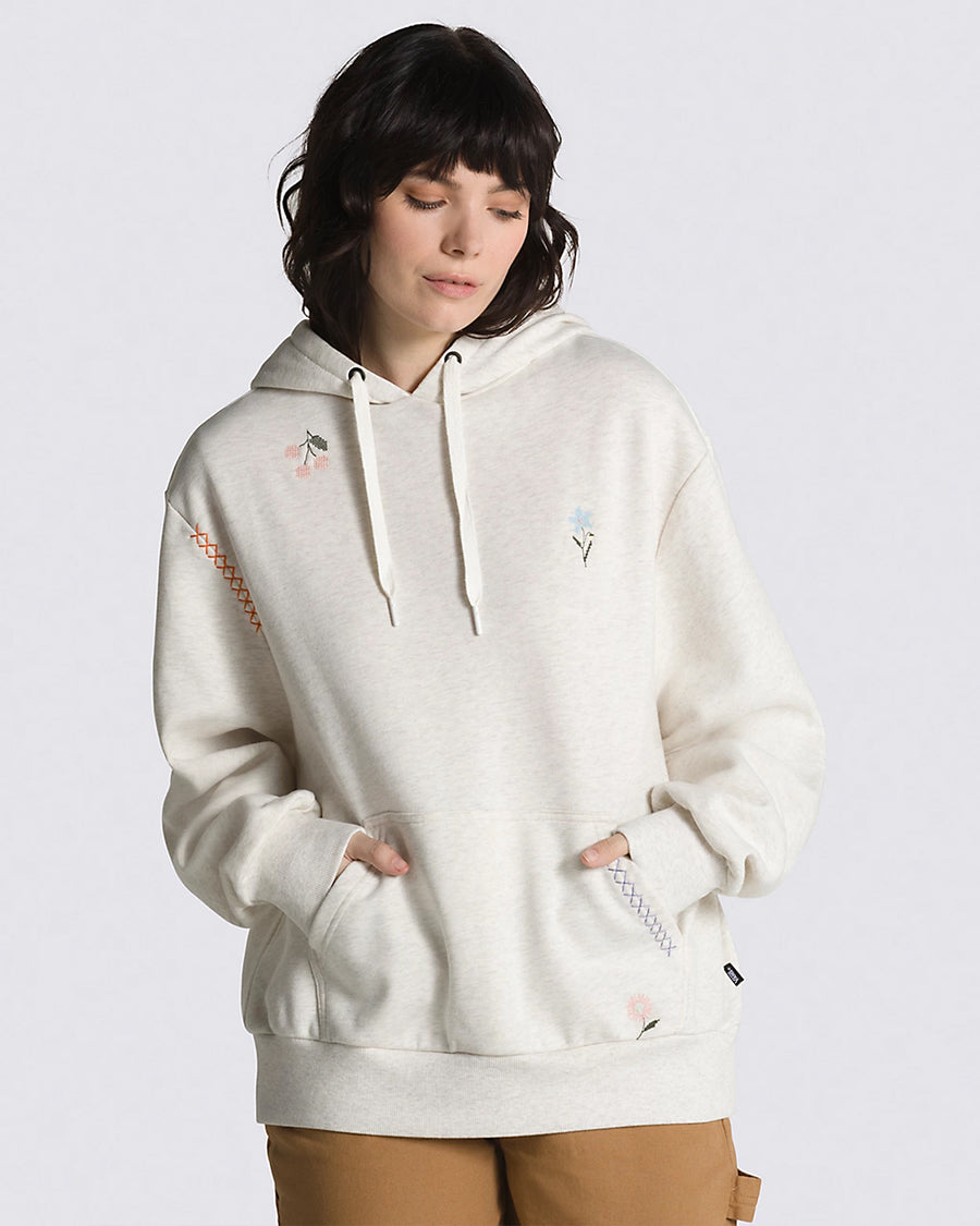 relaxed oatmeal heather hoodie with dainty embroidered designs