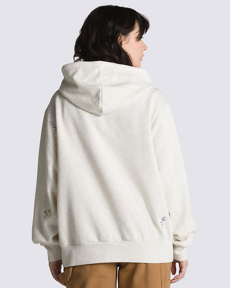 back view of relaxed oatmeal heather hoodie with dainty embroidered designs