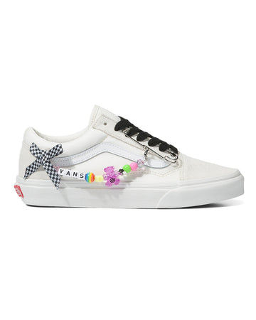 white vans old skool with beaded 'vans' and colorful charm strap
