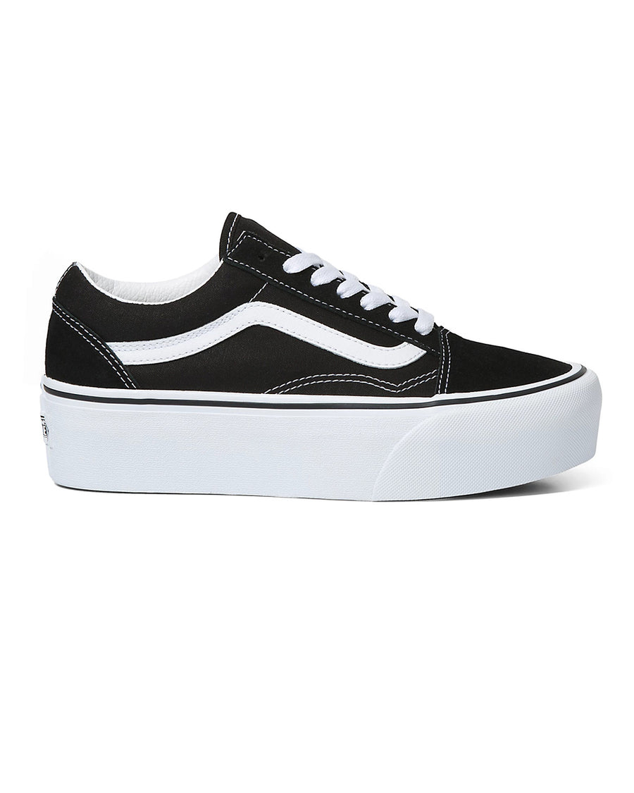 black and white stackform van sneaker with large white sole