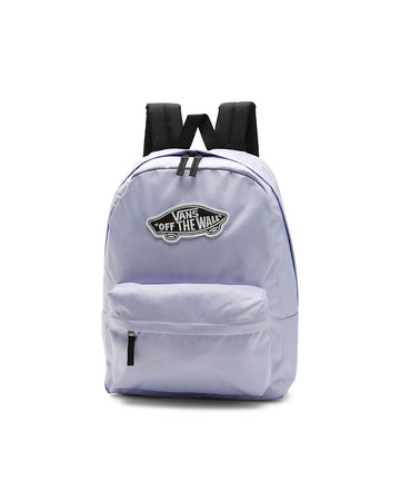 lavender backpack with 'vans off the wall' patch on the front