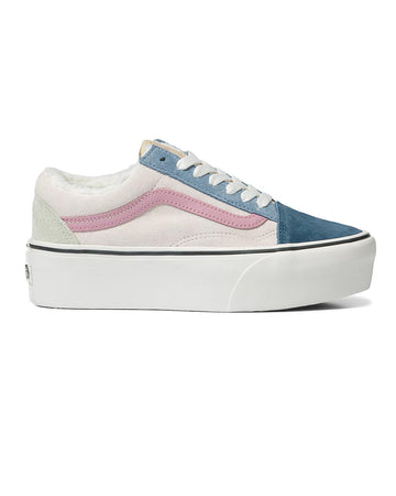 colorblock suede sneaker with sherpa lining, colorblock design and large white sole