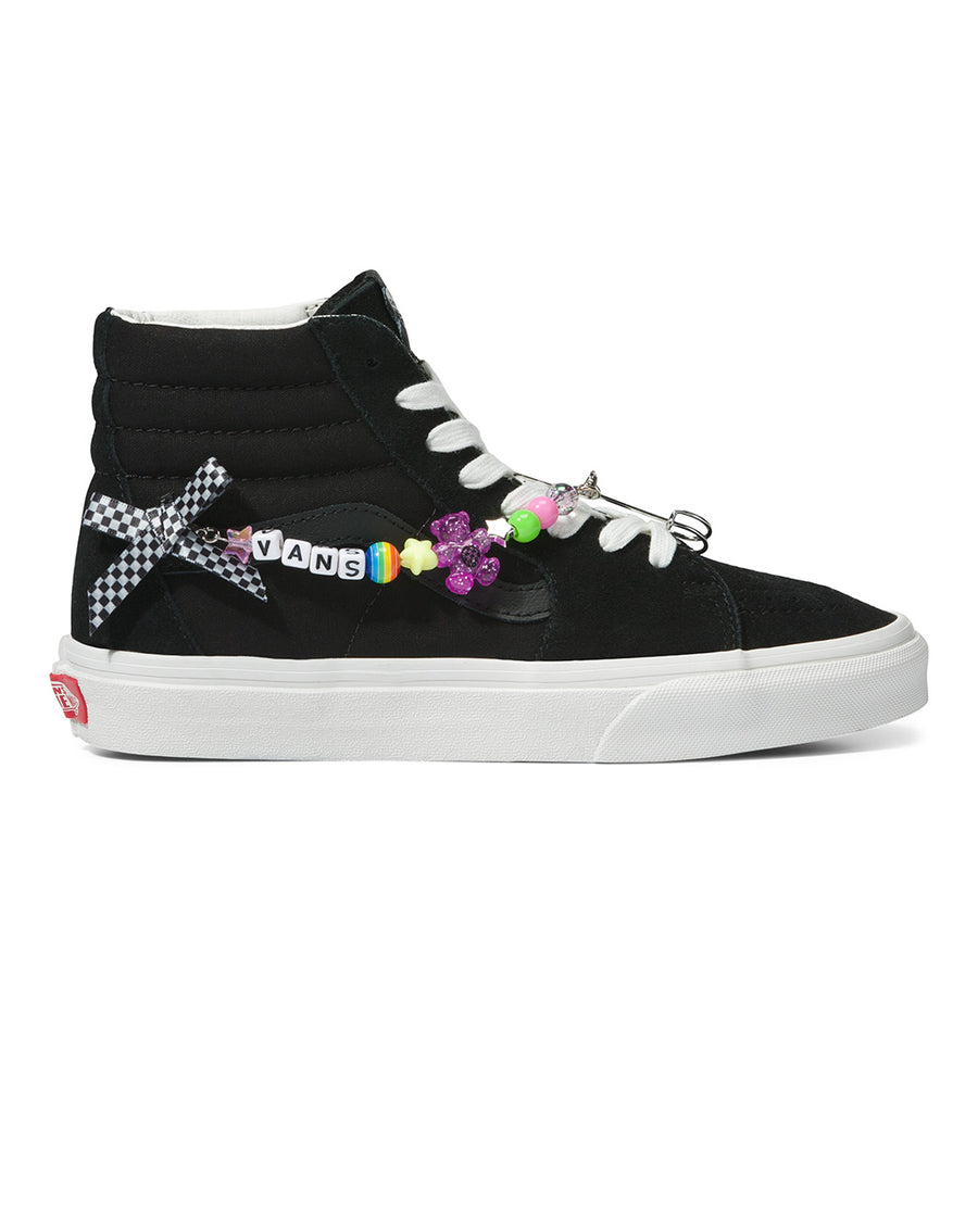 black sk8-hi sneaker with beaded vans accent on sides and laces
