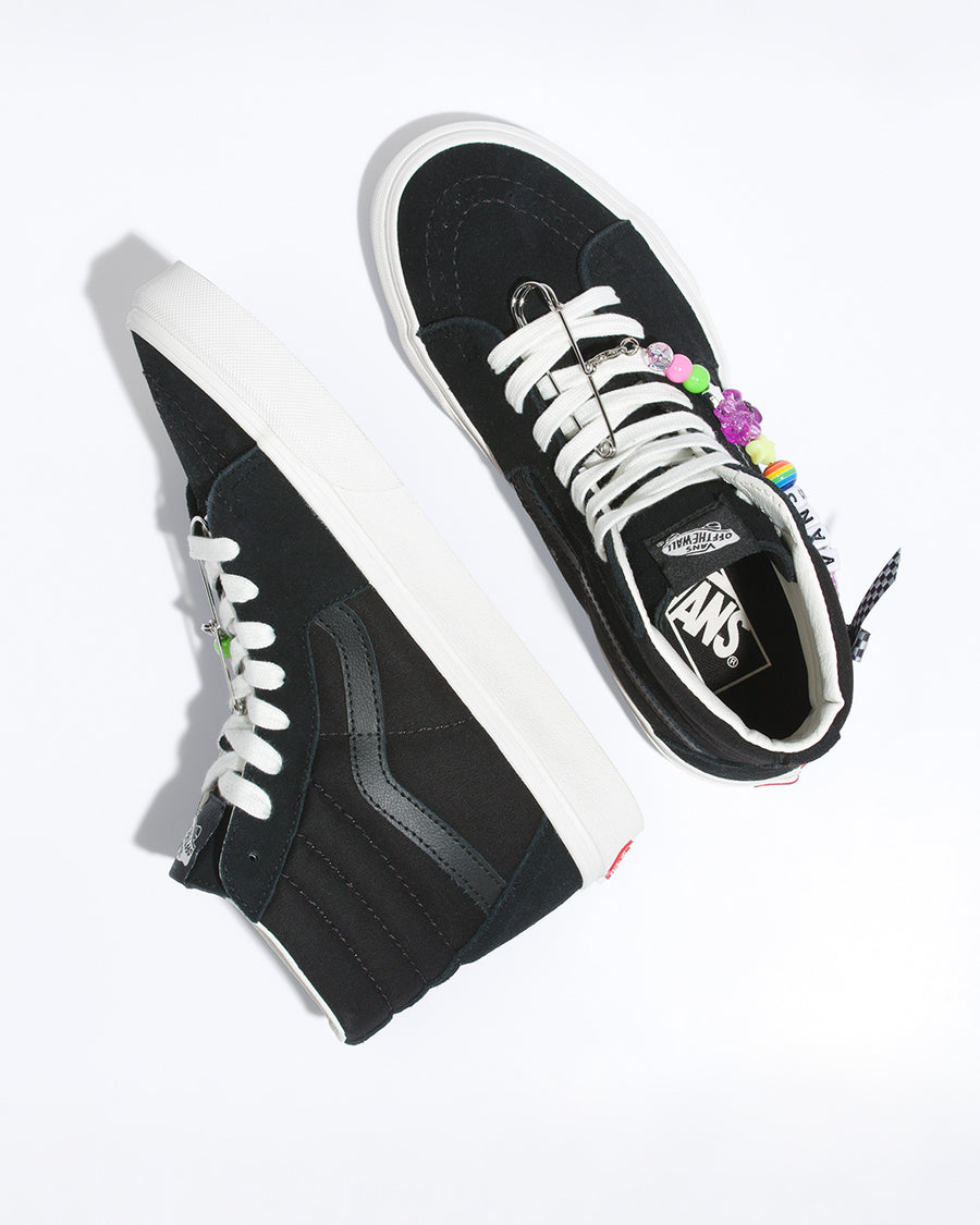 pair of black sk8-hi sneakers with beaded vans accent on sides and laces