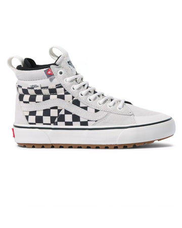side view of grey and black checkered high top sneaker with sawtooth soles