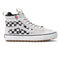 side view of grey and black checkered high top sneaker with sawtooth soles