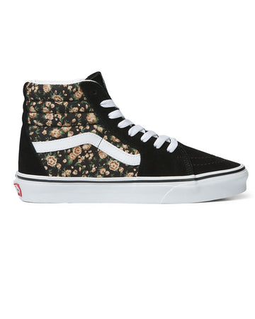 black and white sk8-hi shoes with dainty rose print