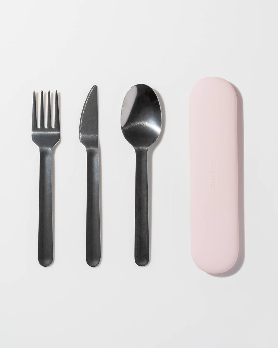 blush color porter utensil set and holder with fork, knife and spoon