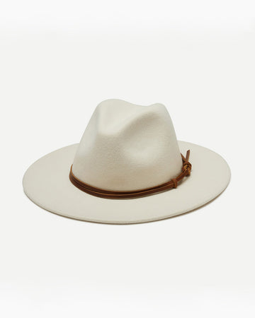 cream wide brim hat with leather brown strap