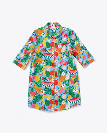 blue 3/4 sleeve leisure dress with abstract fruit and flower print