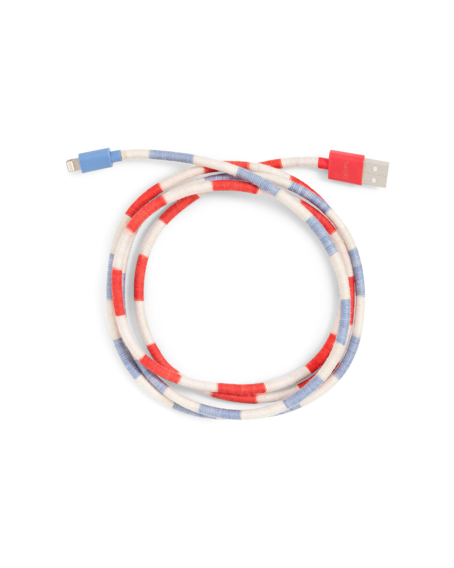 Red, White, & Blue, club stripe colored phone charging cord. 