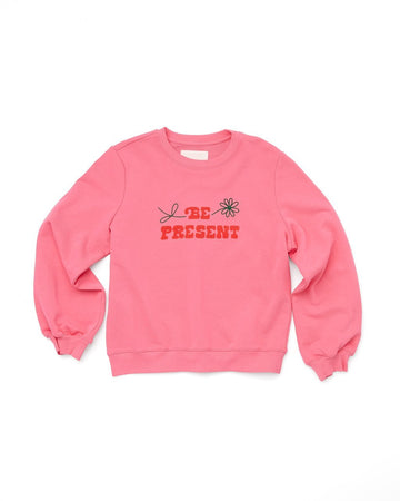 pink balloon sleeve sweatshirt with the words be present 