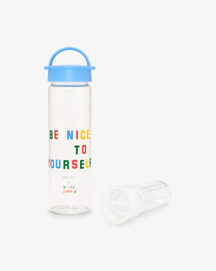 glass water bottle with the words be nice to yourself and showing infuser included