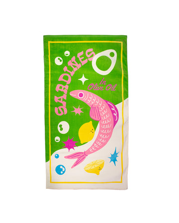 giant beach towel with green and white ground and vibrant sardine can print