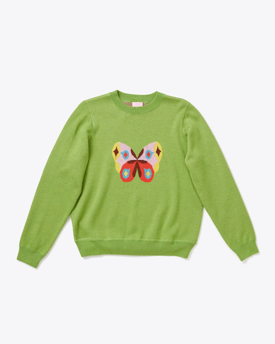 lime green crew neck sweater with multi color butterfly graphic