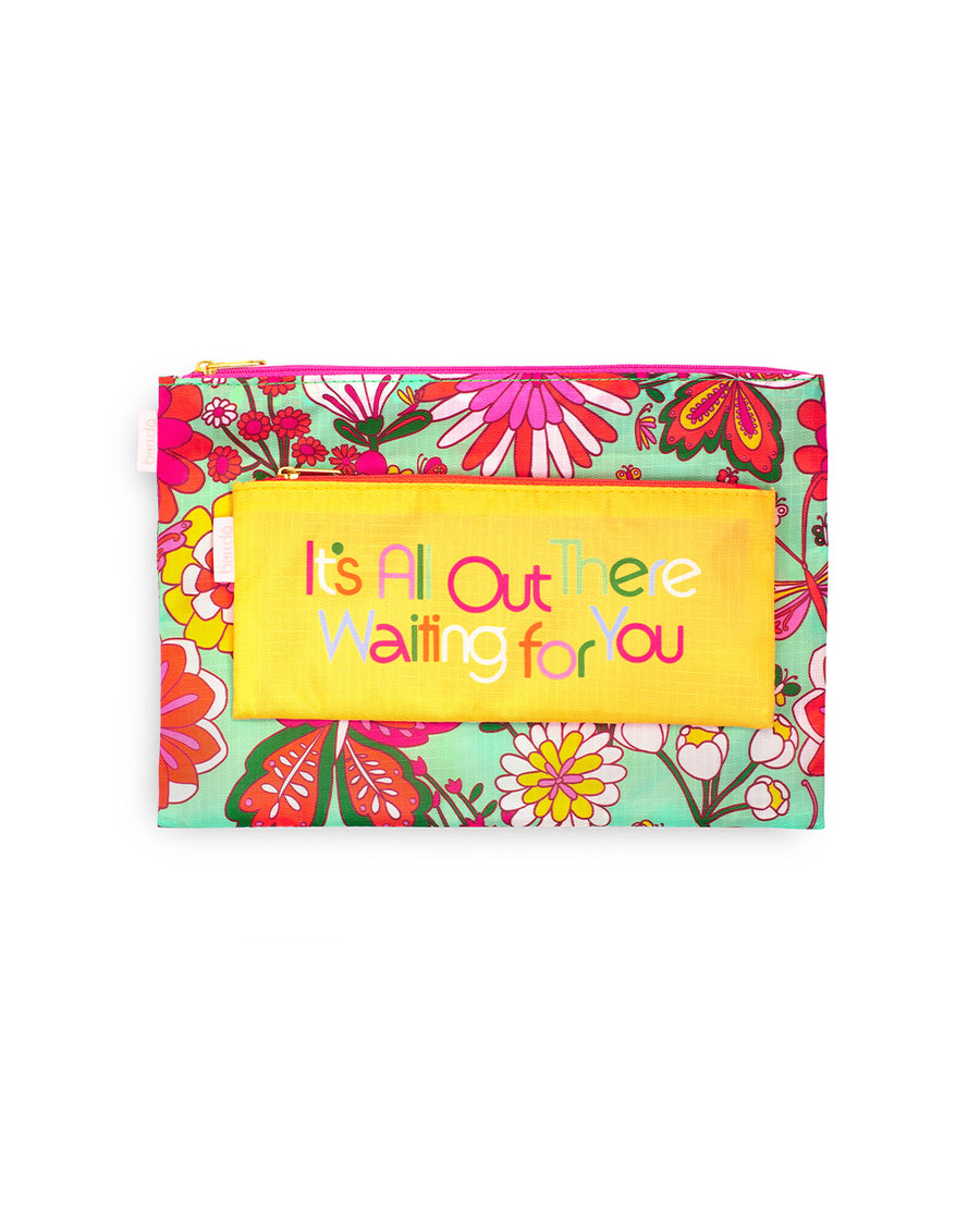 2 flat pouch set. 1 in yellow with multicolor 'it's all out there waiting for you' and mint multicolor butterfly garden print