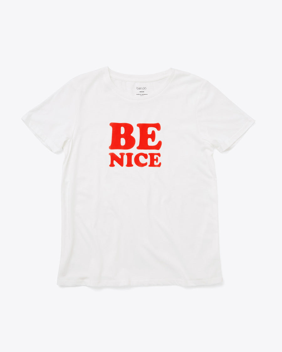 white tee with "Be Nice" graphic in red