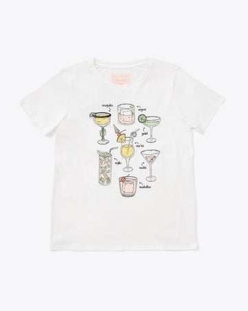 white graphic tee with various cocktails on it 