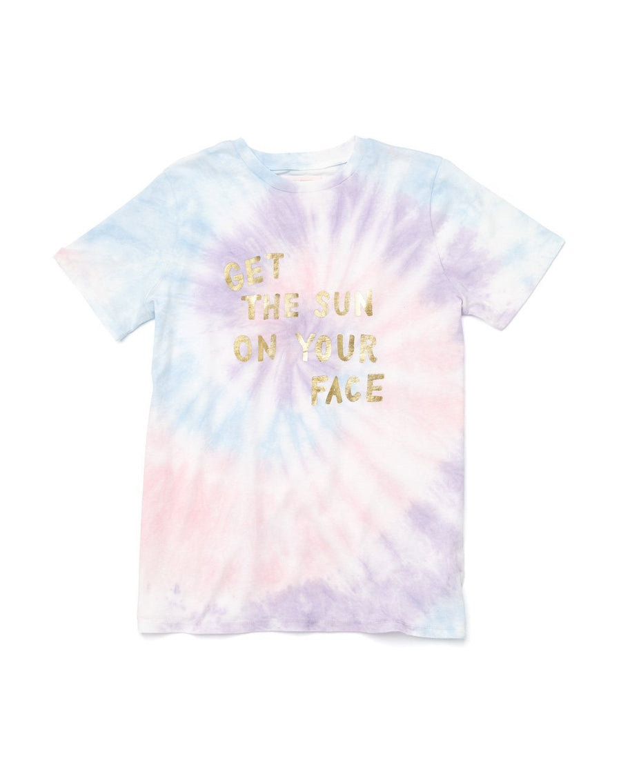 tie dyed t-shirt with "get the sun on your face" printed in metallic foil