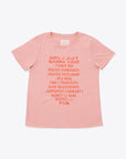pink tee with coral pink text graphic