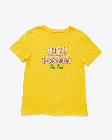 bright yellow tee with the words high desert fan club 