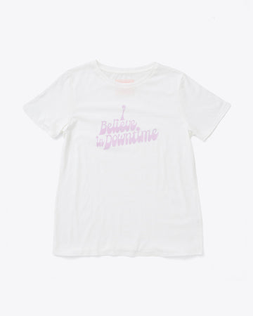 white tee with light pink words reading i believe in downtime