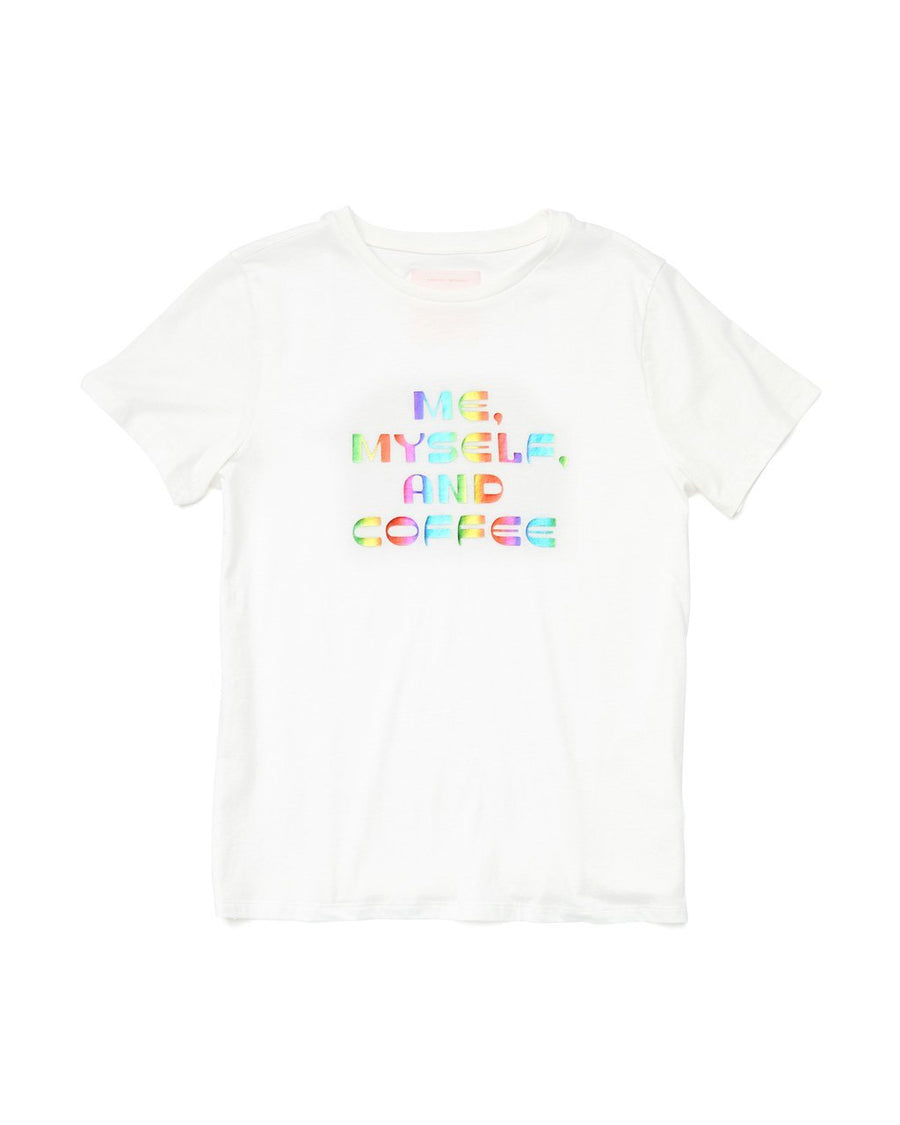 solid white tee with the words me, myseld, and coffee in multi colors 