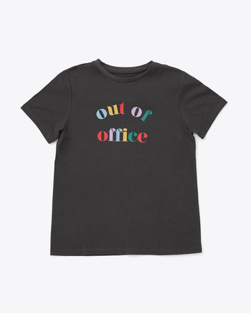 black tee with the words reading out of office