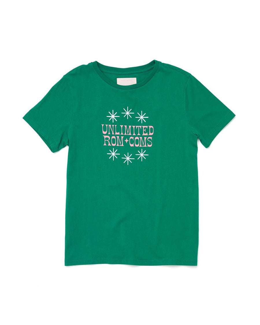flat view of a dark green short sleeved t-shirt with the words "Unlimited Rom Coms" in pink letters