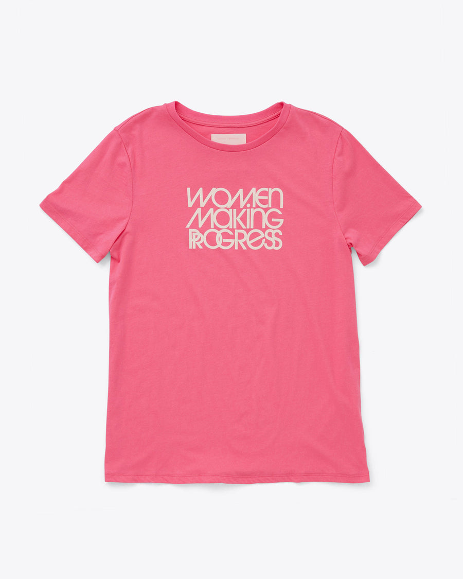 pink tee with the words women making progress