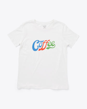 white tee with blue, red and green 'coffee' on the front