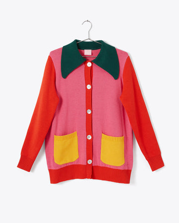 colorblock coat/cardigan in pink and red with green large collar and yellow pockets