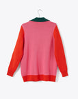 colorblock coat/cardigan in pink and red with green large collar 