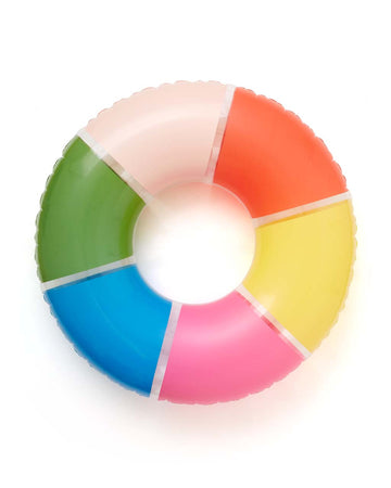 This Float On Giant Innertube comes in a colorful rainbow design.