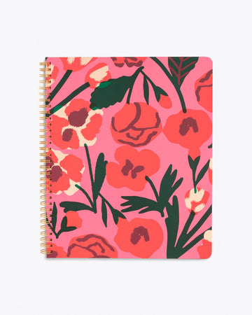 spiral bound notebook with bold pink floral print cover