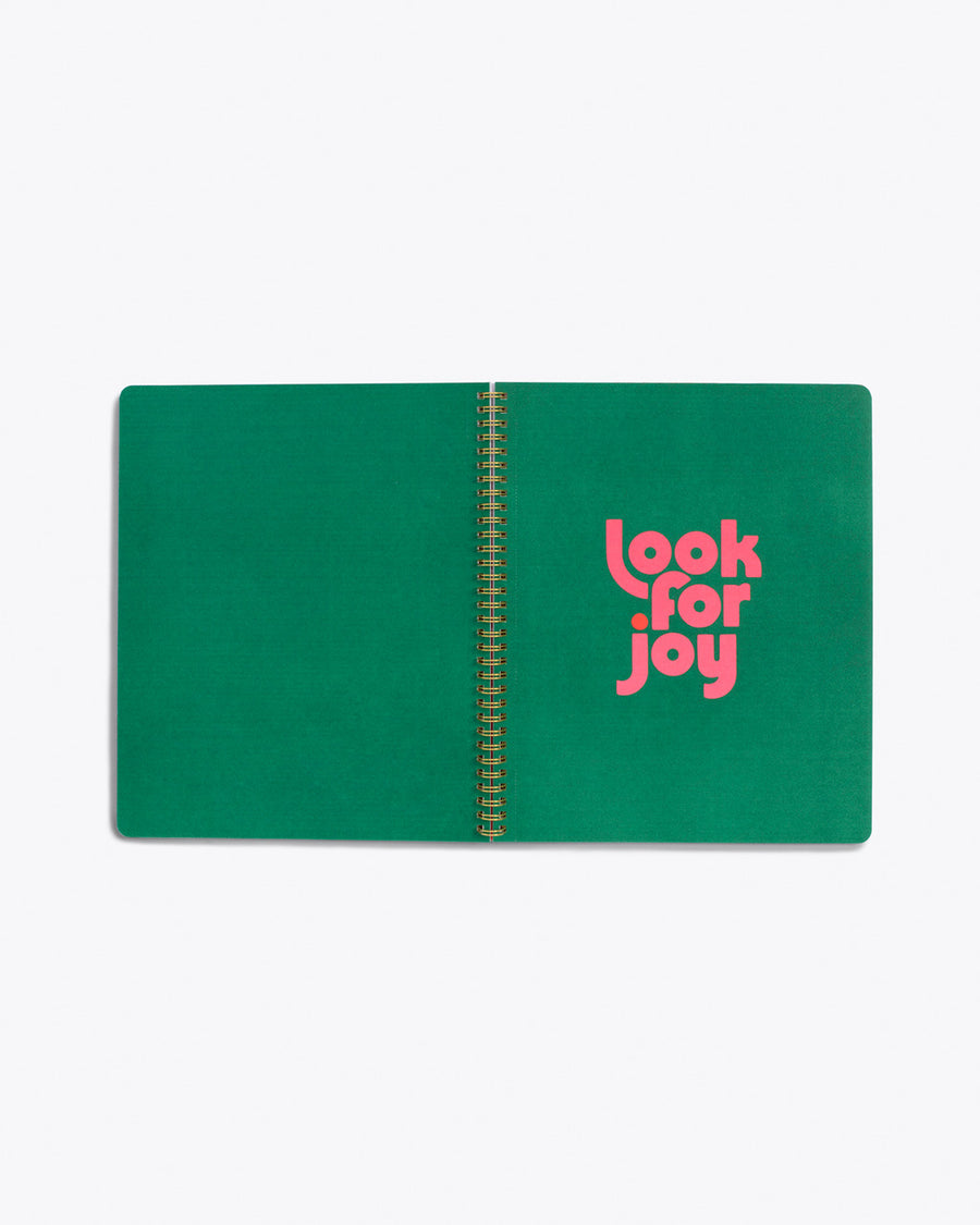 interior centerfold of spiral bound notebook with solid green pages and "look for joy" text graphic in pink on righthand page