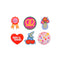 set of 6 jumbo stickers: 'i'd rather be at brunch' ribbon,'salty' with a pretzel, 'let your happiness grow' with smiling flowers in a vase, 'tale a break' with a red heart, checkered cherry, and pink/multi disco ball