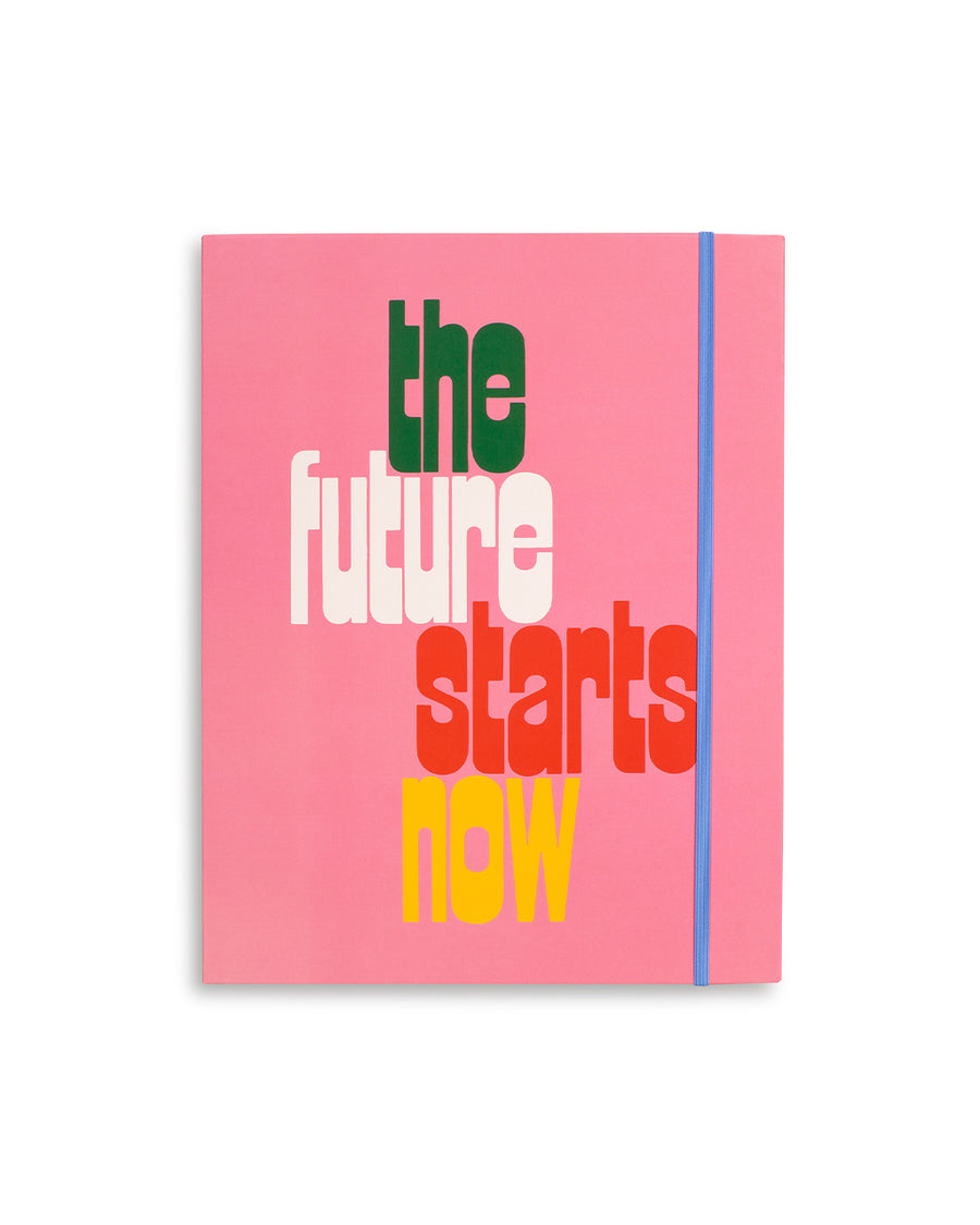 accordion file folder with pink ground and multicolor 'the future starts now' text and multicolor interior
