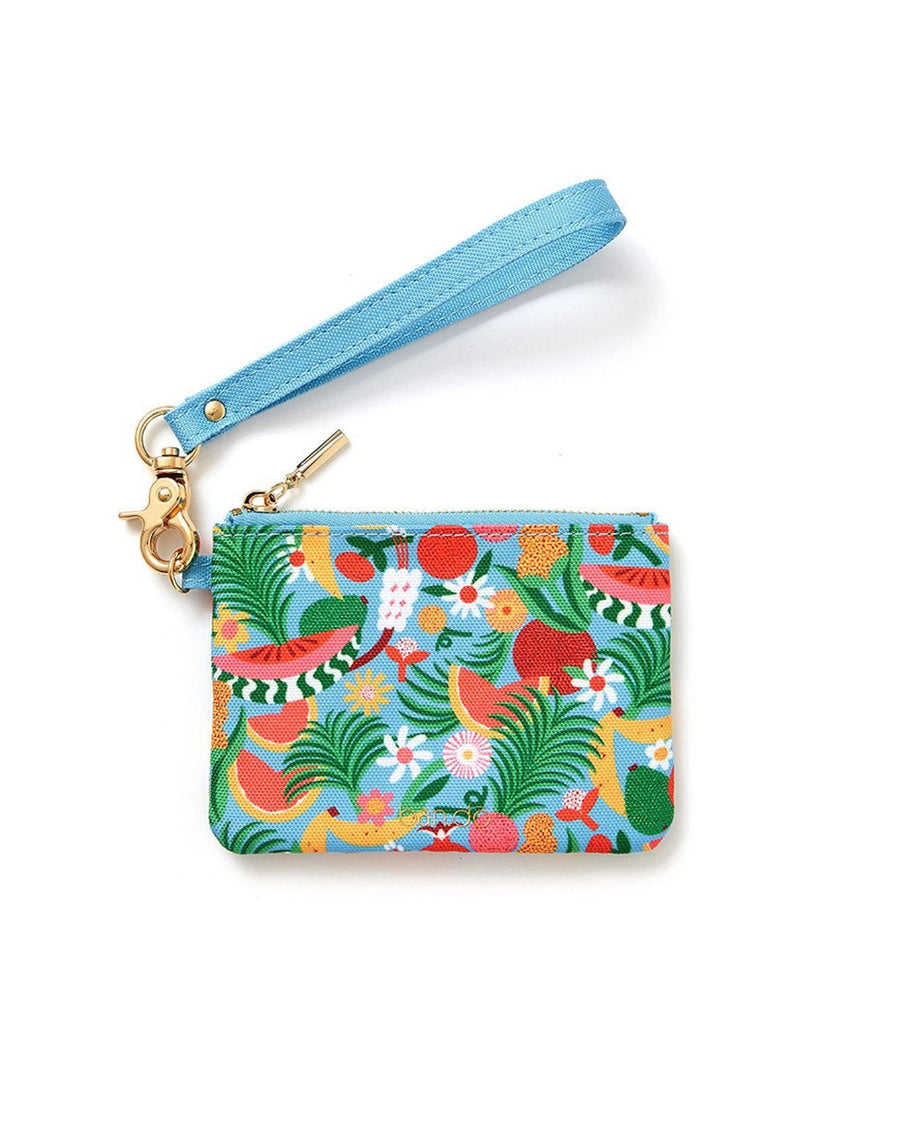 blue id case with multicolor abstract fruit print