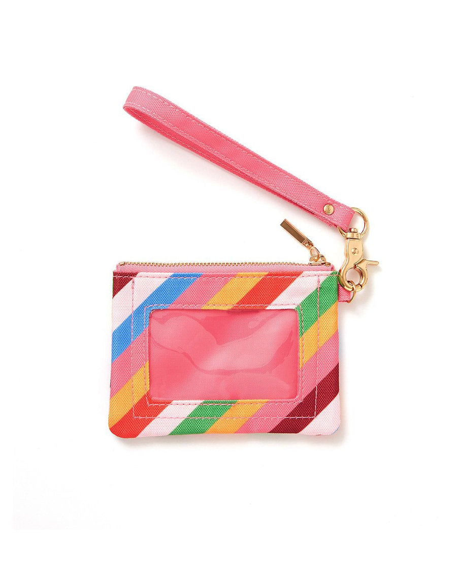 id case with pvc clear pocket with diagonal rainbow stripe and gold hardware