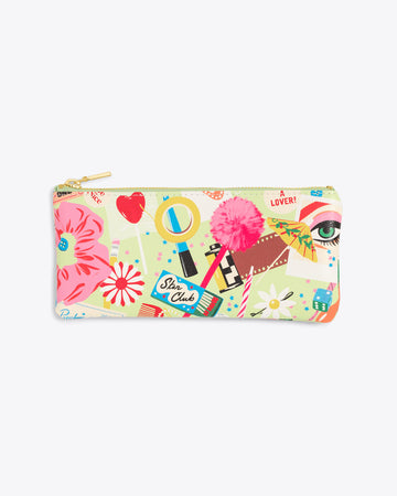 leatherette pencil pouch featuring a multi colored abstract design