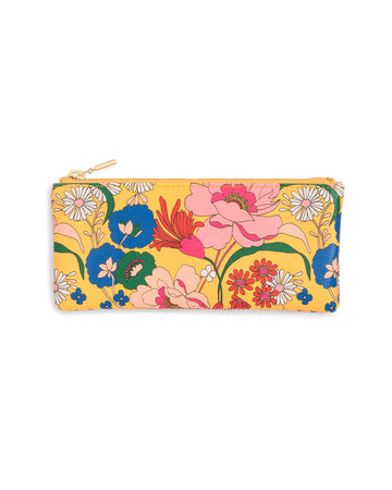 Yellow pencil pouch with bright floral pattern