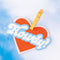 editorial image of red heart shaped luggage tag with blue and white 'Howdy!' in bubble letters